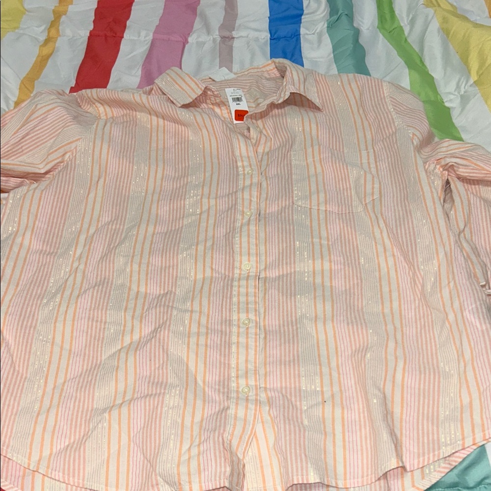 GAP Factory Women's Pink and Orange Striped Button Down Shirt